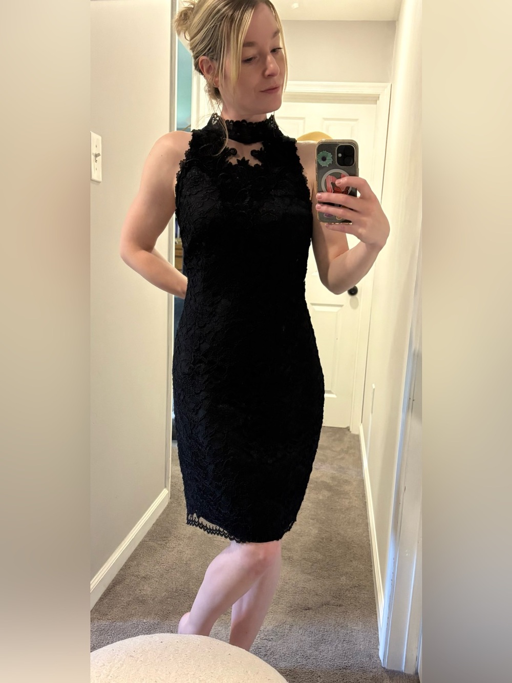 Vintage Cachet by Bari Protas Black Lace Halter Mock Neck Cocktail Dress